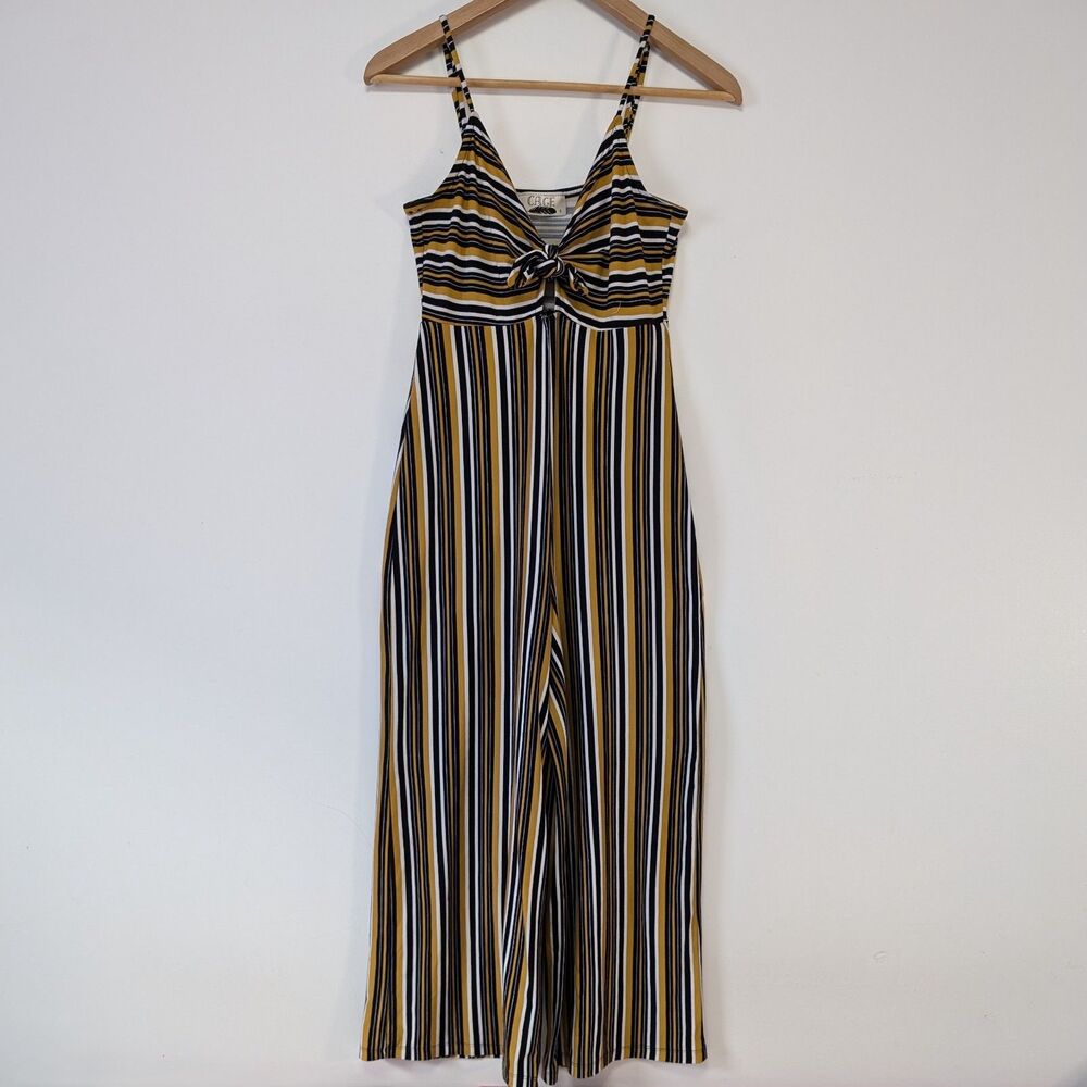 Cage Yellow Black White Striped Front Tie Mid Length Jumpsuit